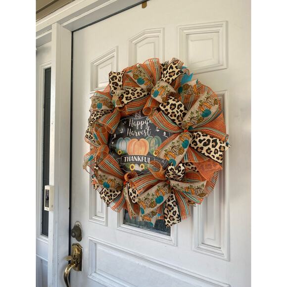 Happy Harvest Thankful Pumpkin Fall Deco Mesh Ribbon Leopard Cheetah Wreath - Picture 6 of 7